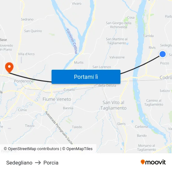 Sedegliano to Porcia map