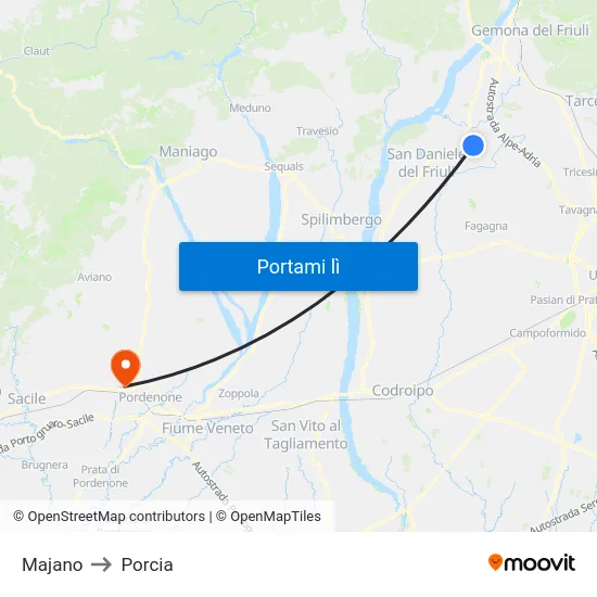 Majano to Porcia map