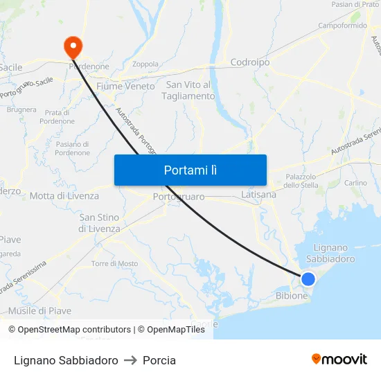 Lignano Sabbiadoro to Porcia map