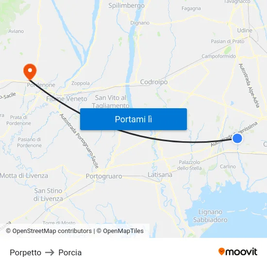 Porpetto to Porcia map