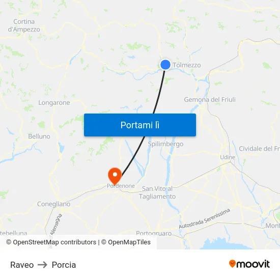 Raveo to Porcia map
