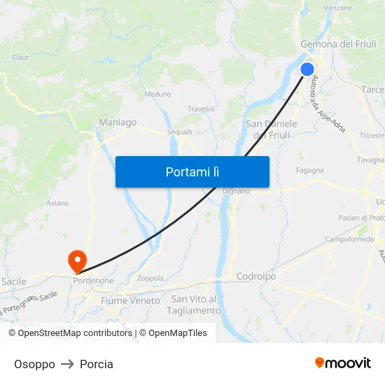 Osoppo to Porcia map