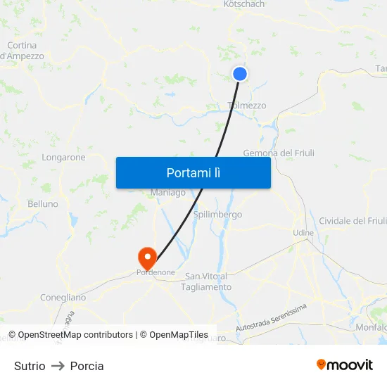 Sutrio to Porcia map