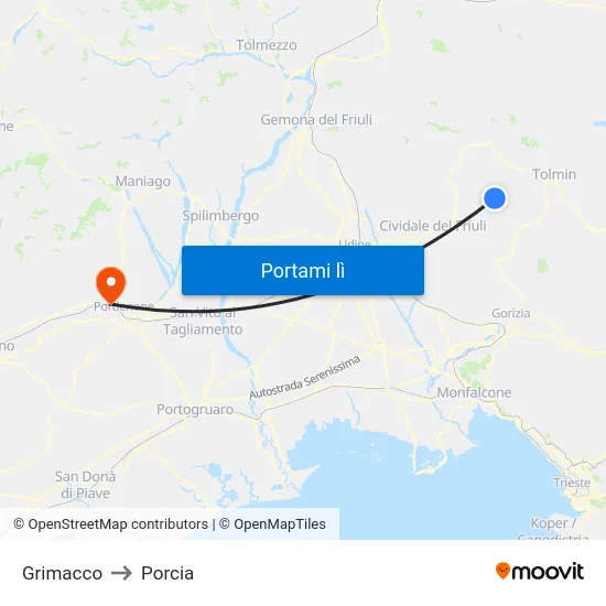 Grimacco to Porcia map
