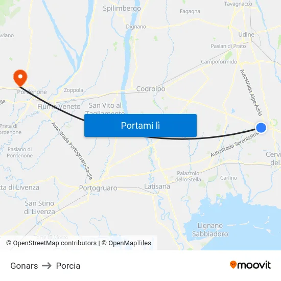 Gonars to Porcia map