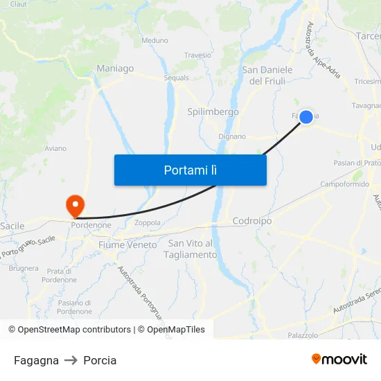 Fagagna to Porcia map