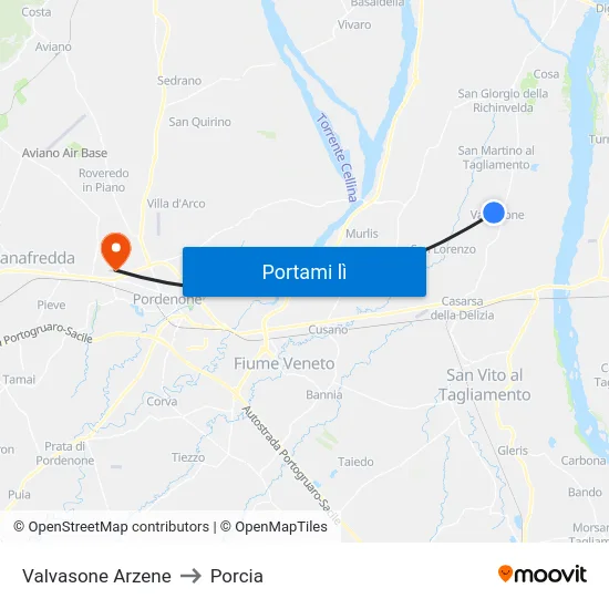 Valvasone Arzene to Porcia map