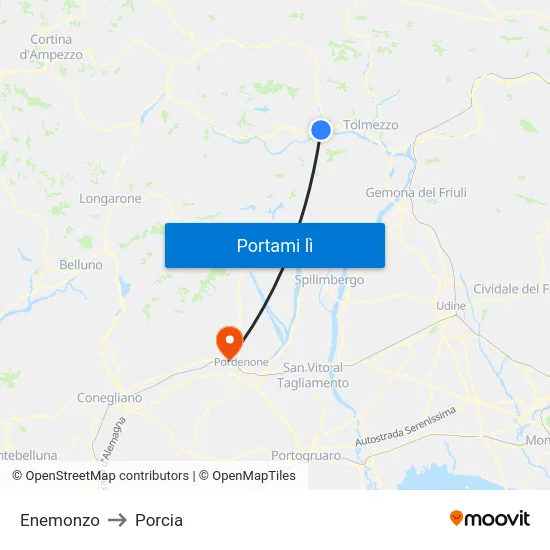 Enemonzo to Porcia map