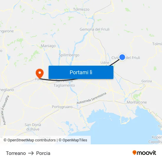 Torreano to Porcia map