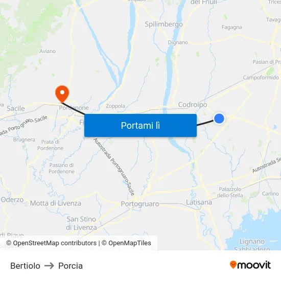 Bertiolo to Porcia map