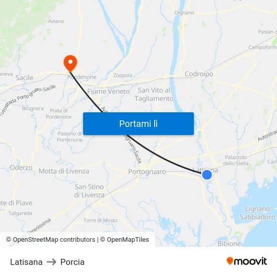 Latisana to Porcia map