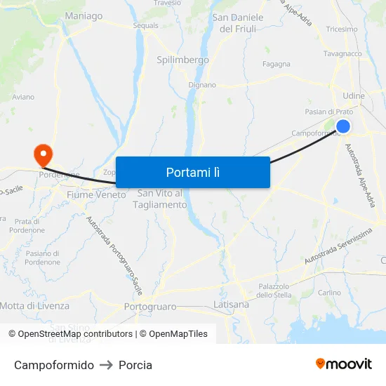 Campoformido to Porcia map