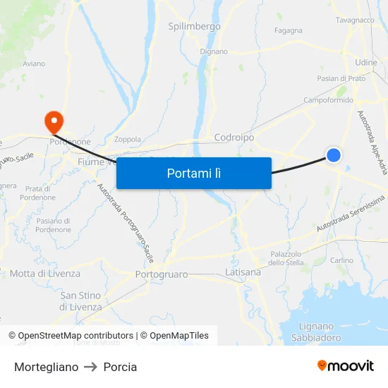 Mortegliano to Porcia map