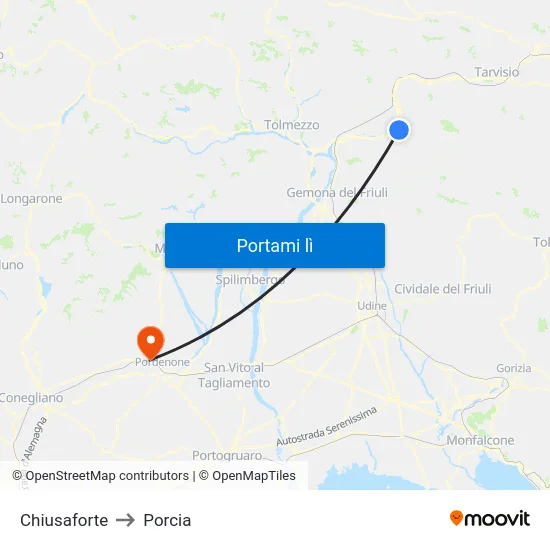 Chiusaforte to Porcia map