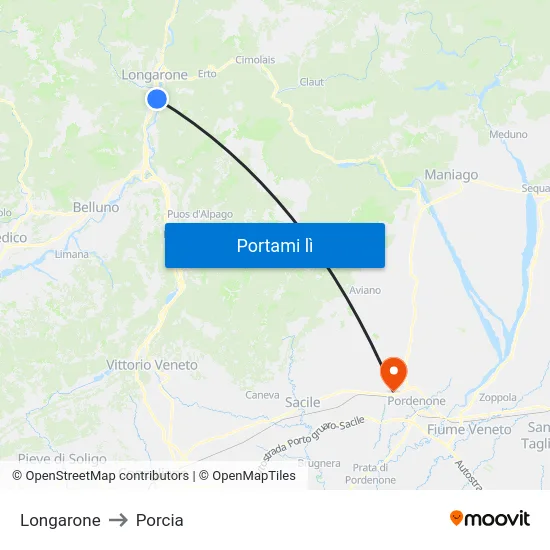 Longarone to Porcia map