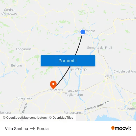 Villa Santina to Porcia map