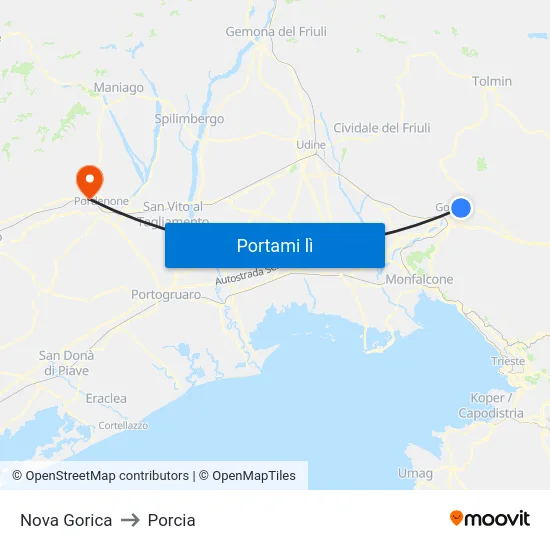 Nova Gorica to Porcia map