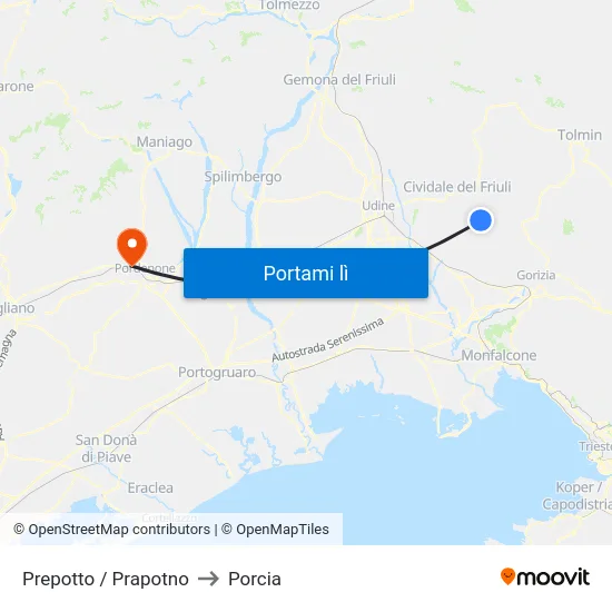 Prepotto / Prapotno to Porcia map