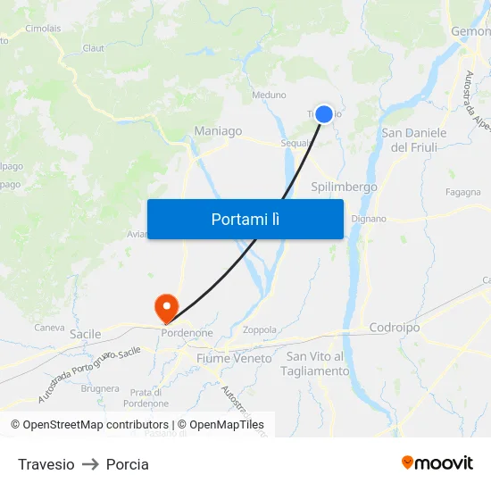Travesio to Porcia map