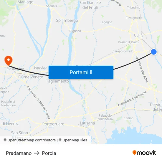 Pradamano to Porcia map