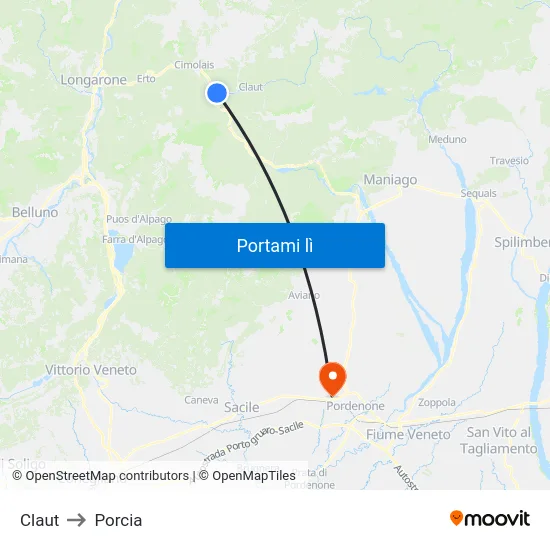 Claut to Porcia map