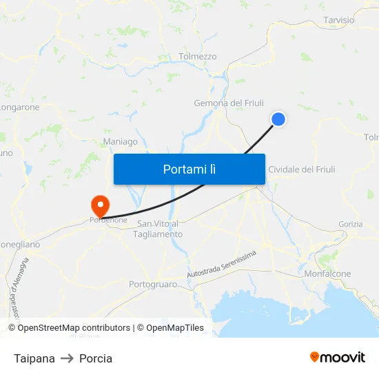 Taipana to Porcia map