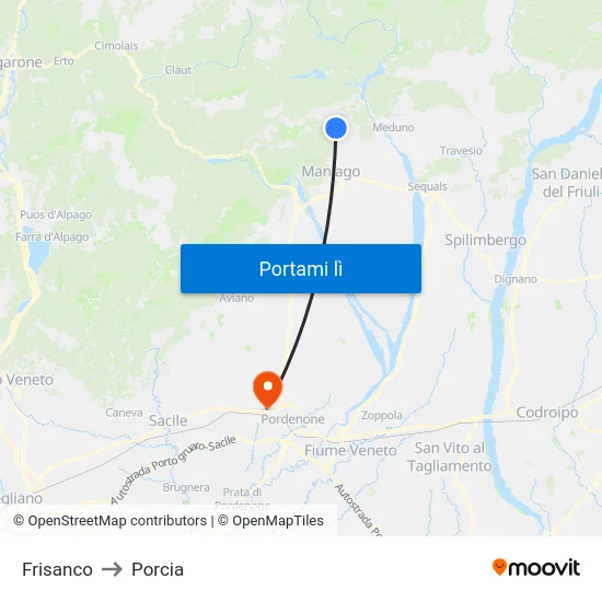 Frisanco to Porcia map