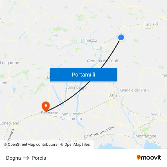 Dogna to Porcia map