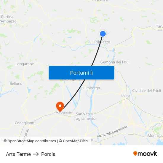 Arta Terme to Porcia map