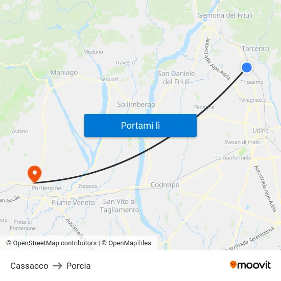 Cassacco to Porcia map