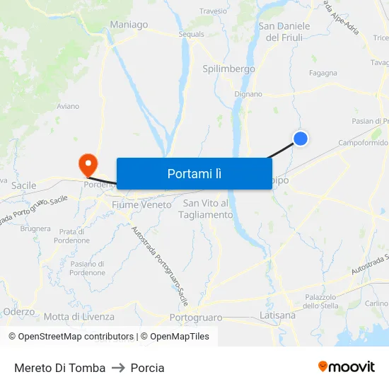 Mereto Di Tomba to Porcia map
