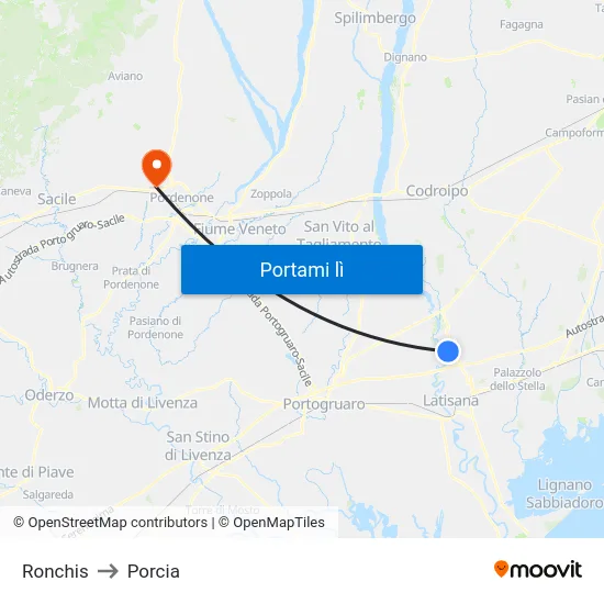 Ronchis to Porcia map