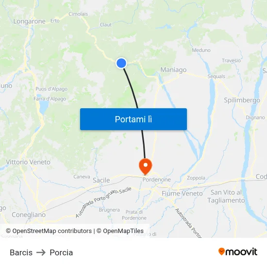 Barcis to Porcia map