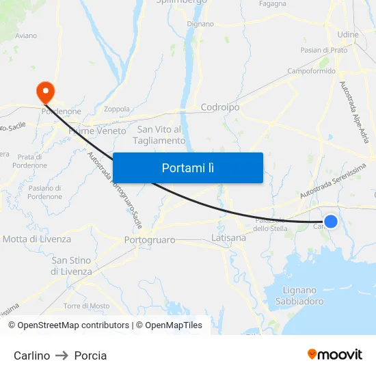 Carlino to Porcia map
