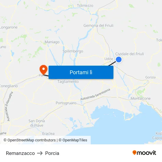 Remanzacco to Porcia map