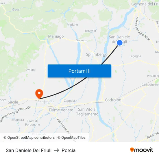 San Daniele Del Friuli to Porcia map