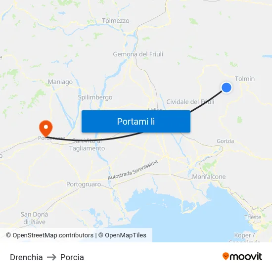 Drenchia to Porcia map