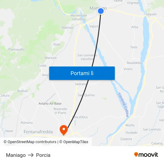 Maniago to Porcia map