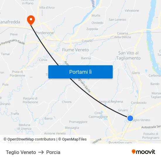 Teglio Veneto to Porcia map