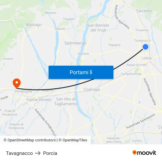 Tavagnacco to Porcia map