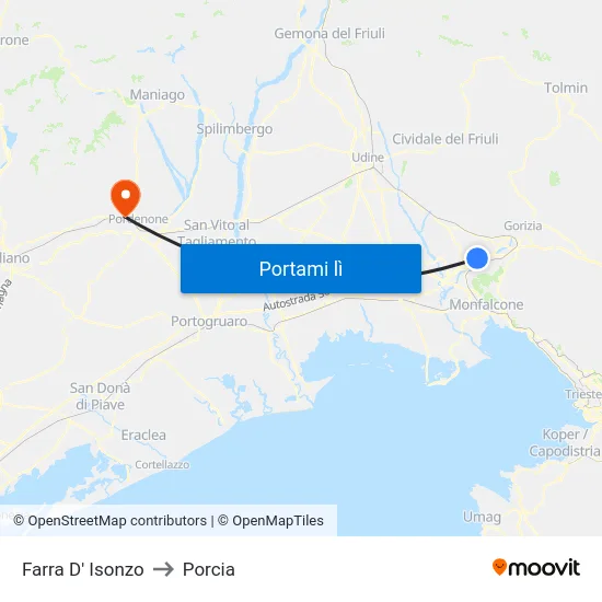 Farra D' Isonzo to Porcia map
