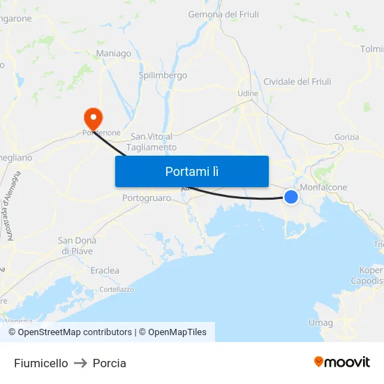 Fiumicello to Porcia map