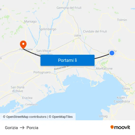 Gorizia to Porcia map