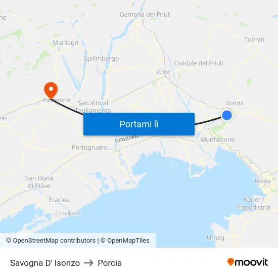 Savogna D' Isonzo to Porcia map