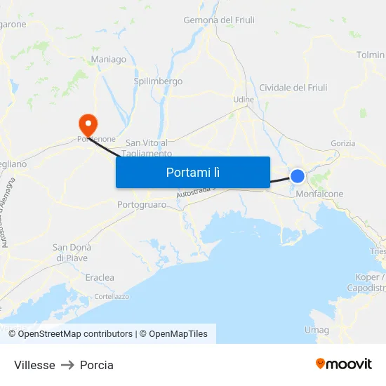 Villesse to Porcia map