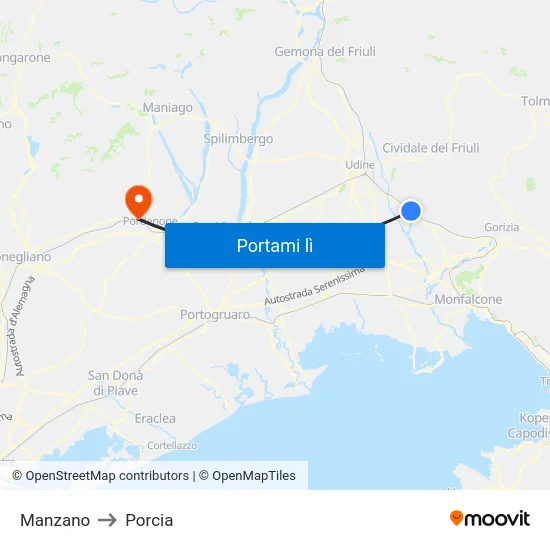 Manzano to Porcia map