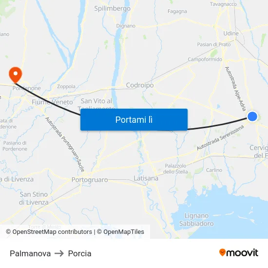 Palmanova to Porcia map
