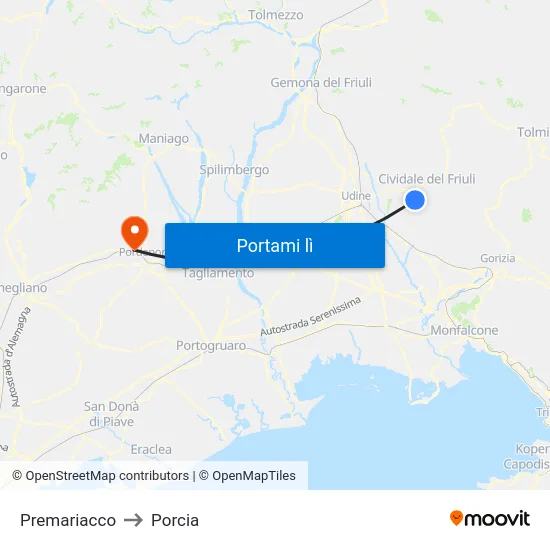 Premariacco to Porcia map