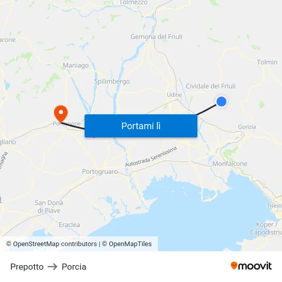 Prepotto to Porcia map