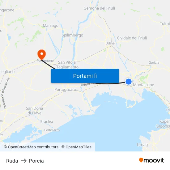 Ruda to Porcia map